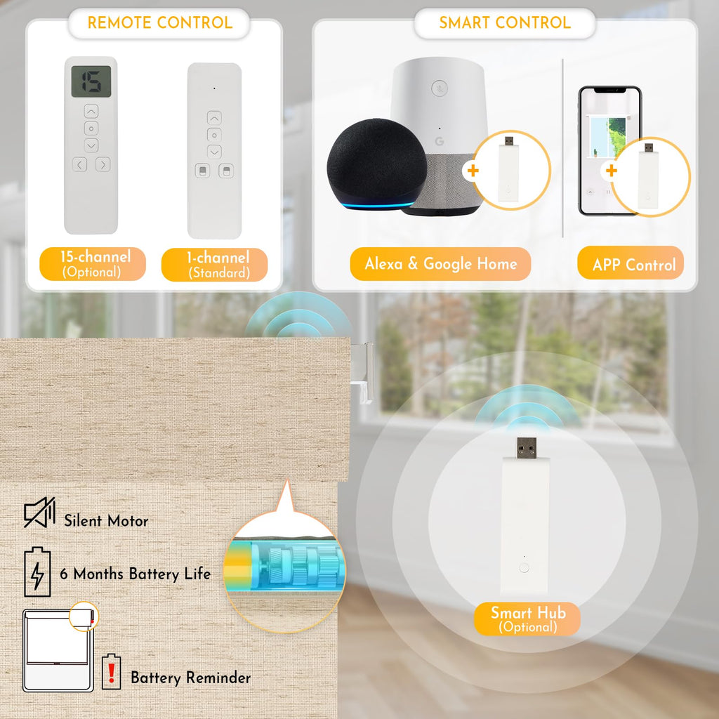 Smart Motorized Blinds with Remote, No Drill Automatic Roller Shades for Indoor Windows, Light Filtering Linen