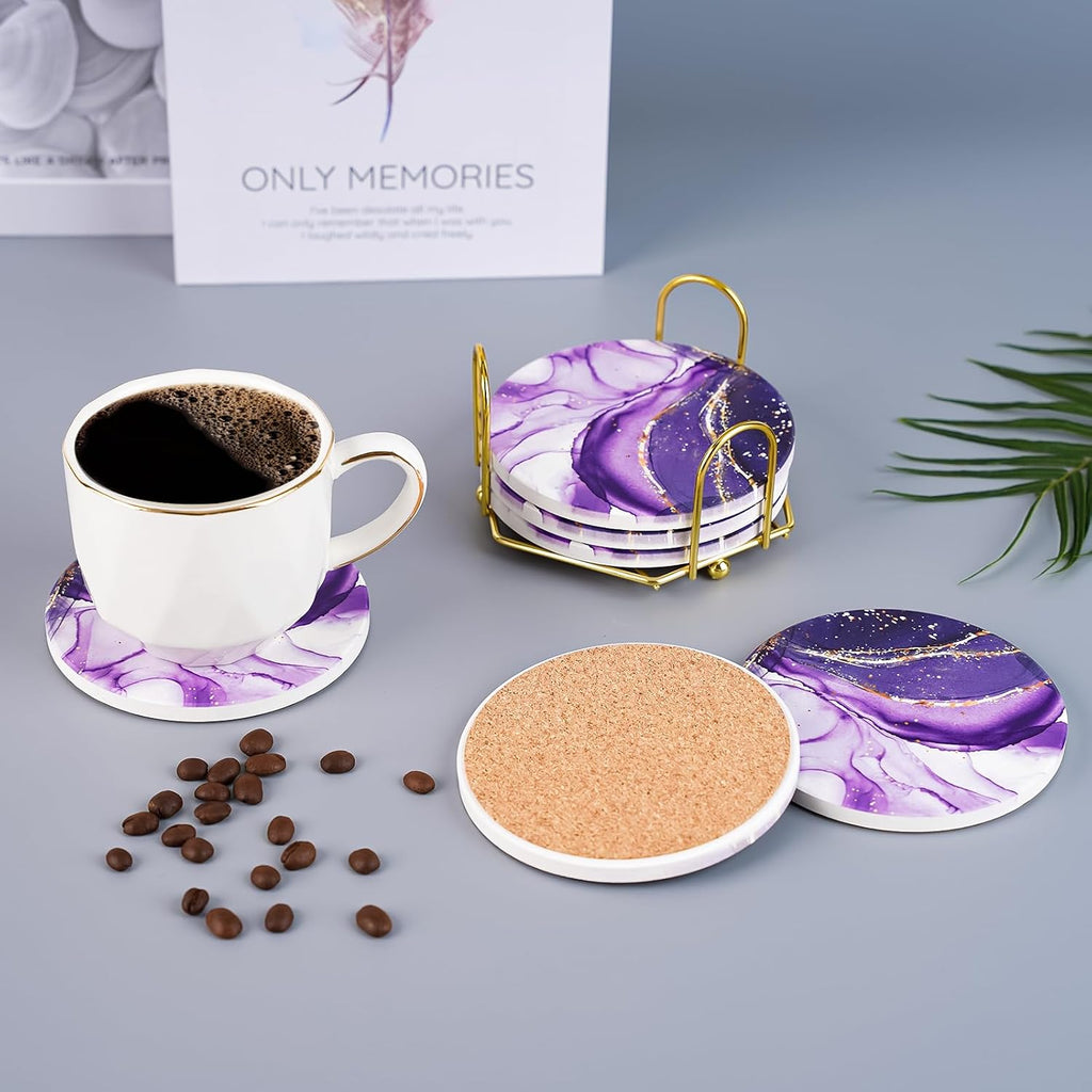 Purple Agate Coasters for drinks with Gold Holder,Absorbent Marble Coasters Set with Cork Base for Tabletop - Set of 7