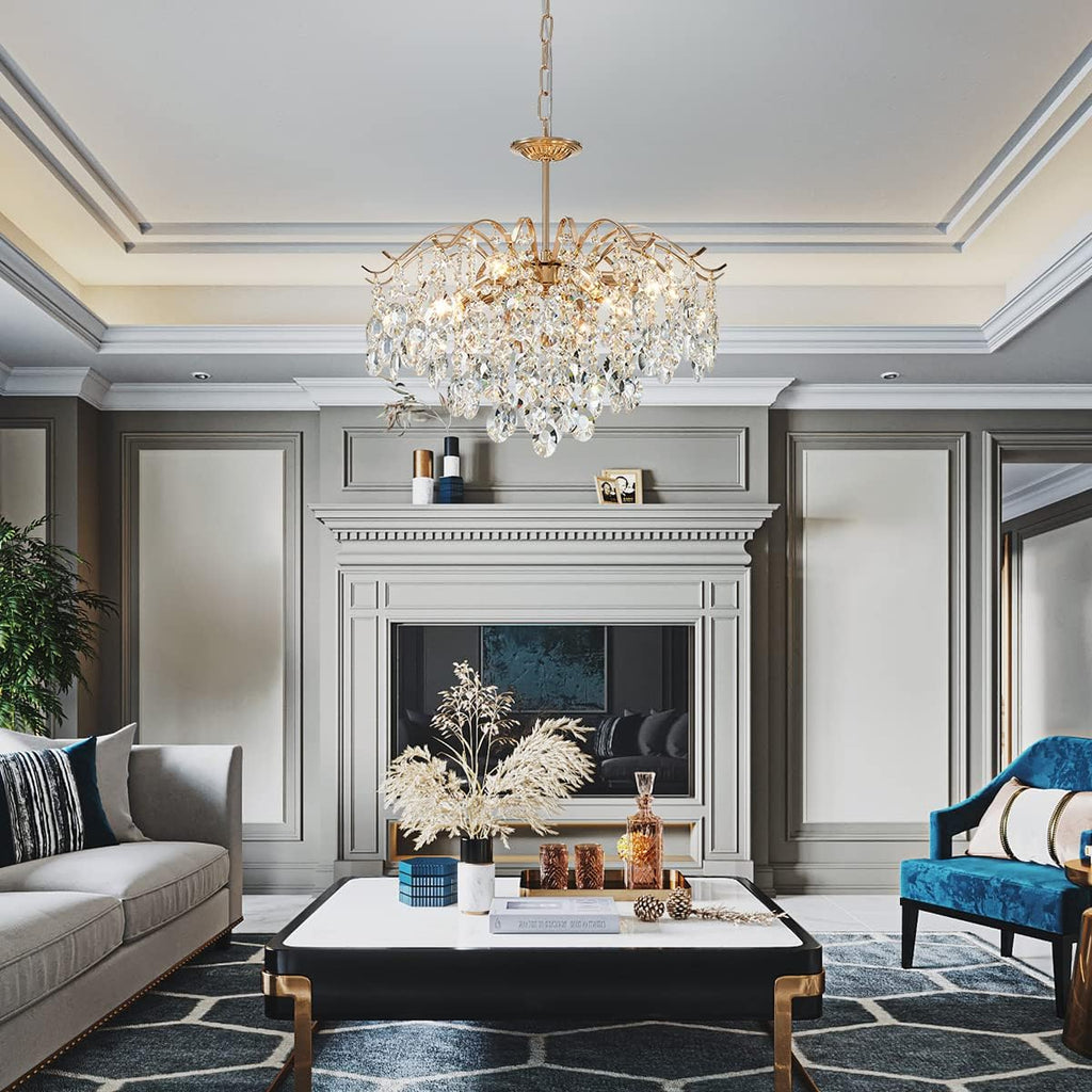 6-Light Gold Crystal Chandeliers, Middle Century Dining Room Light Fixture, Modern Pendant Light for Living Room, D20 x H17, Adjustable Chains 59", Chopper Finish Metal Frame A100-B0C1JJHV3G