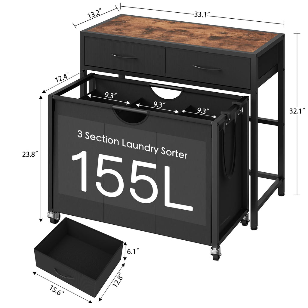 Laundry Sorter 3 Section with Tabletop & 2 Drawers, Rolling Laundry Hamper with Pull-Out and Removable Bags, Laundry