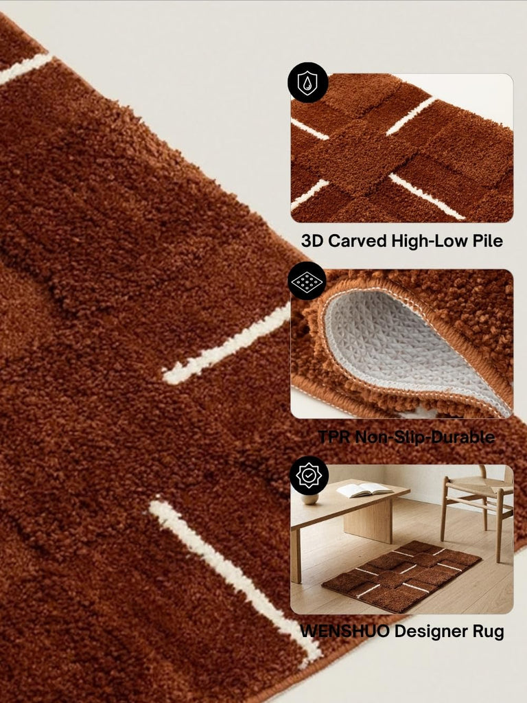 2.5'-High-Low Pile Geometric Accent Rug, Bath Mat Washable, Non-Slip