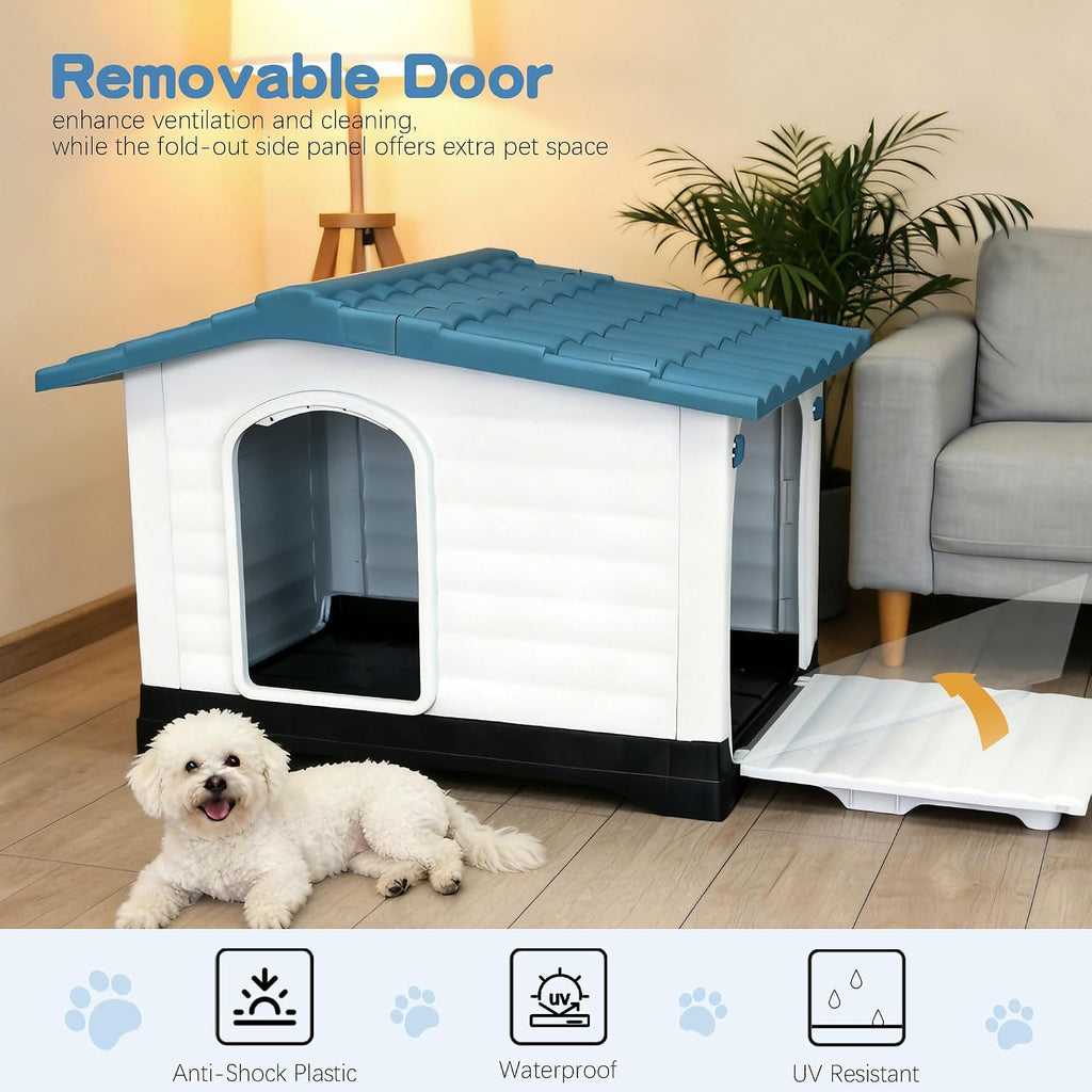 Outdoor Indoor Dog House for Small Dogs, 2-Door Plastic Dog House with Elevated Floor and Air Vents, Weatherproof Pet