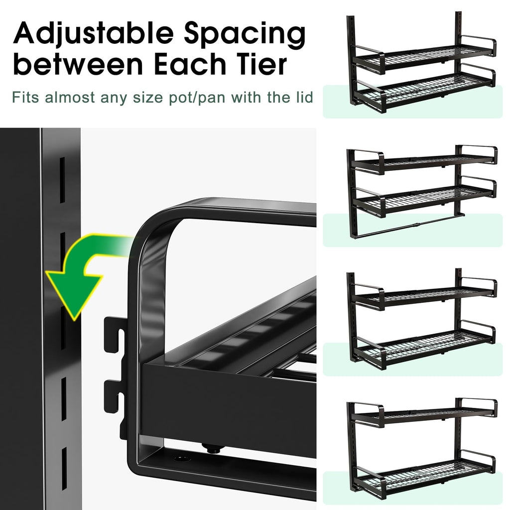 19"- 30" Expandable Hanging Pot Rack, 2 Tier Heavy Duty Wall Mounted Pots and Pans Organizer with 10 Hooks and 5 Pot