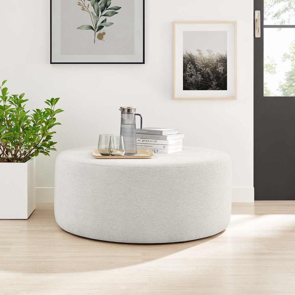 Callum 38 Inch Round Ottoman in Ivory Fabric - Heathered Woven Fabric - Versatile Upholstered Coffee Table and