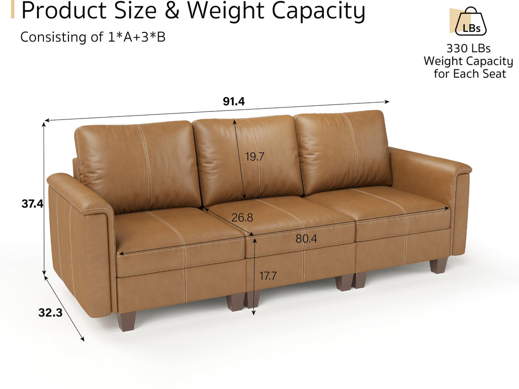 Faux Leather Sectional Sofa, 3 Seater Sofa Couch, Brown