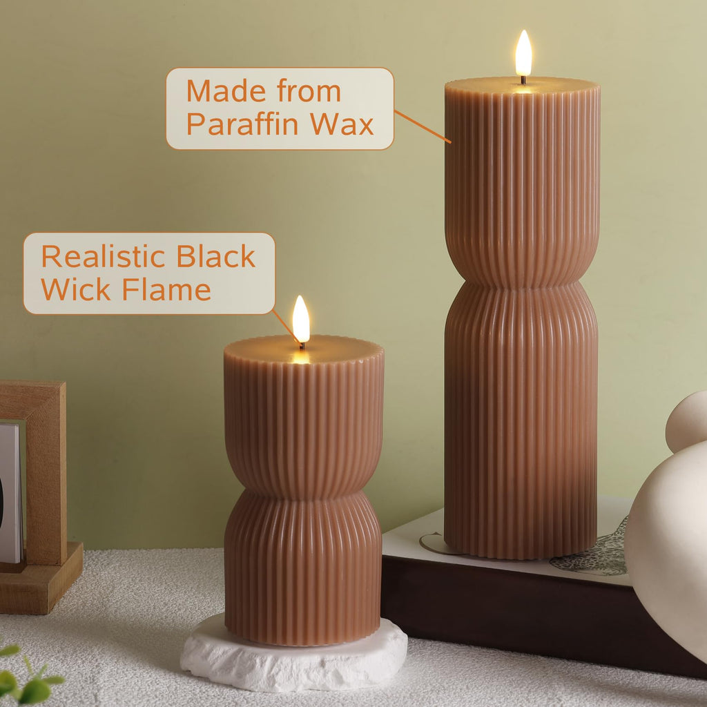 Brown Ribbed Fall Flameless Pillar Candles with Remote Set of 2