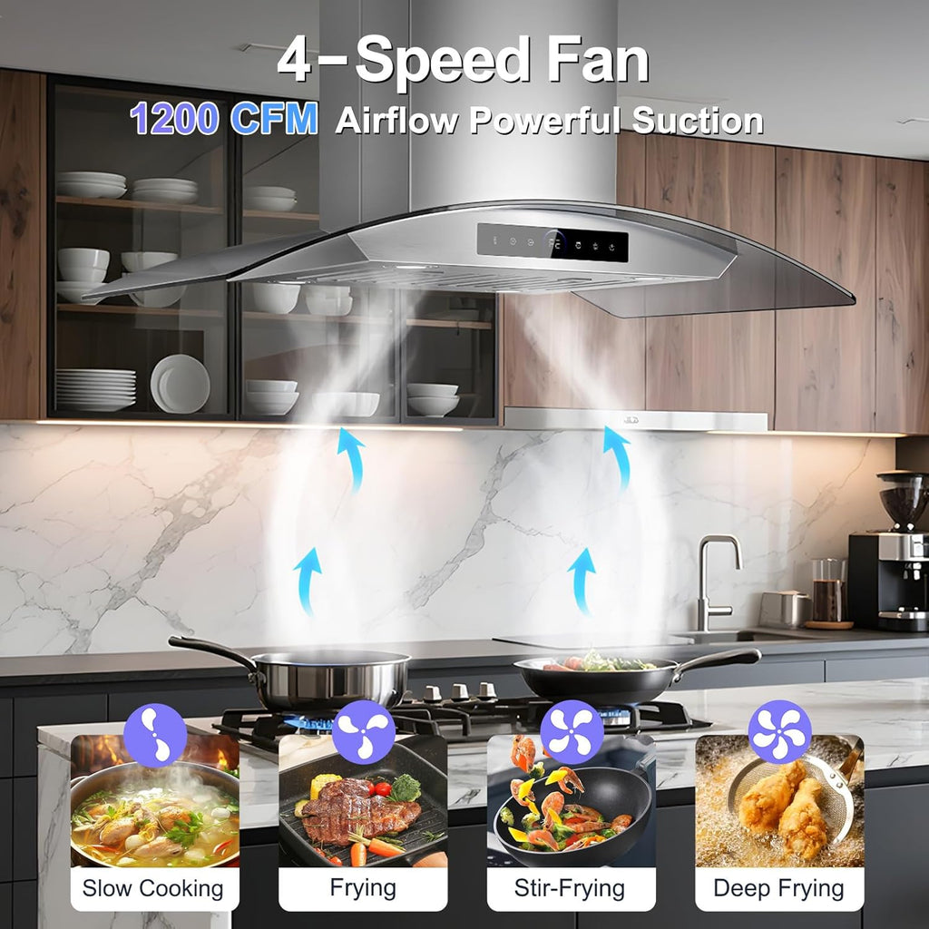 36 Inch Stainless Steel Island Mount Range Hood 1200 CFM 4 Speed Gesture & Touch Control, LED Lights