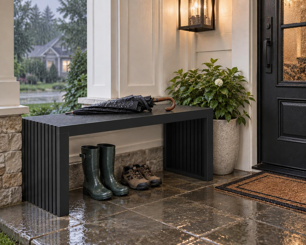 Bamboo Dining Bench, 35'' Slatted Design Entryway Bench, Black