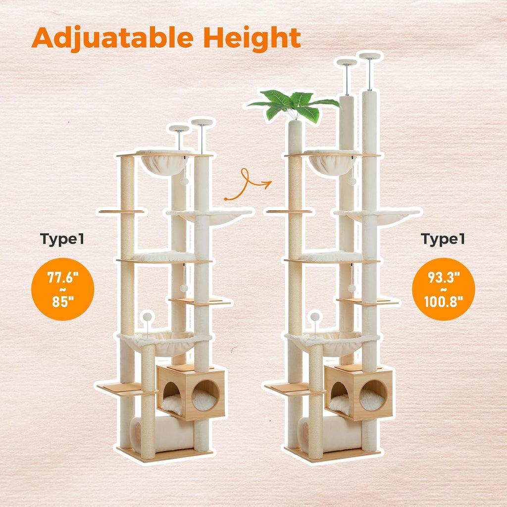 Floor to Ceiling Cat Tree, 93-101'' Adjustable Wooden Tower, Beige