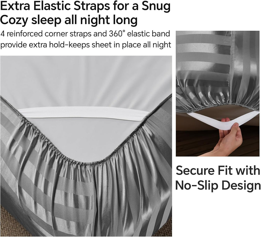 Satin Sheets Queen, Luxury Jacquard Striped Dark Grey Bedsheets with Elastic Corner Straps, Similar to Silk Sheets
