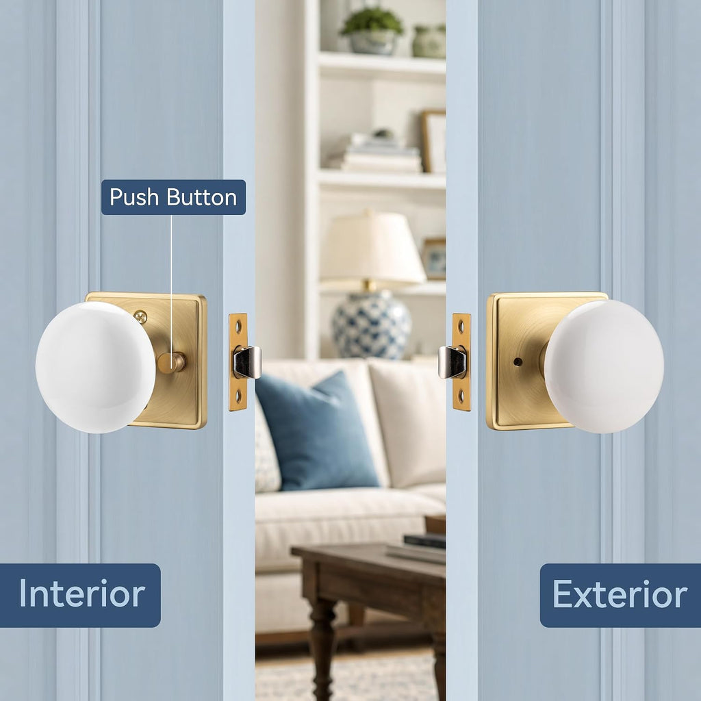 White Door Knobs, Porcelain Square Door Handle with Satin Brass Plate
