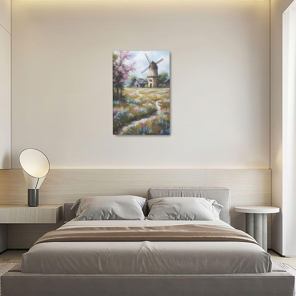 Farmhouse Windmill Wall Art Rustic Canvas Print Pictures Country Landscape Barn Painting Artwork Framed Decoration