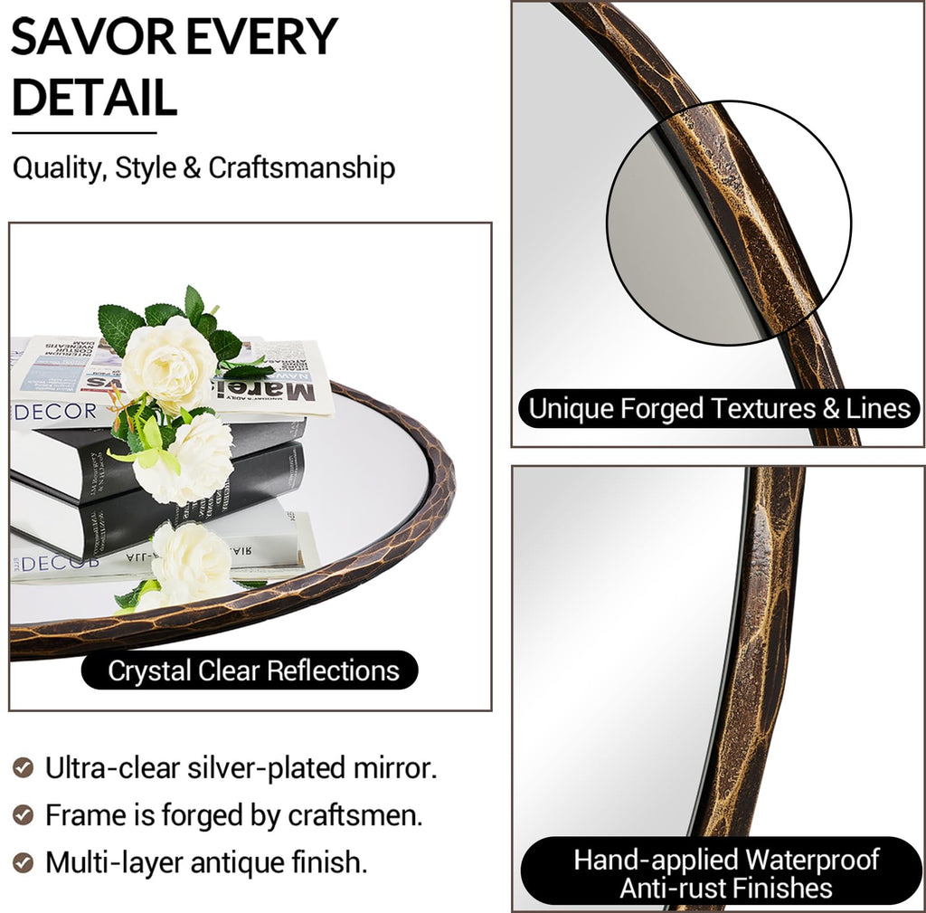 Hand-Forged Round Bathroom Mirror, 24 Inch Oil Rubbed Bronze Vanity Circular Mirror, Solid Steel Antique Hammered