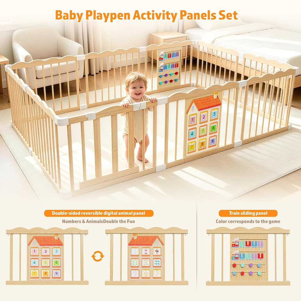 Wooden Baby Playpen with Built-in Activity Panel, 50x65x24In