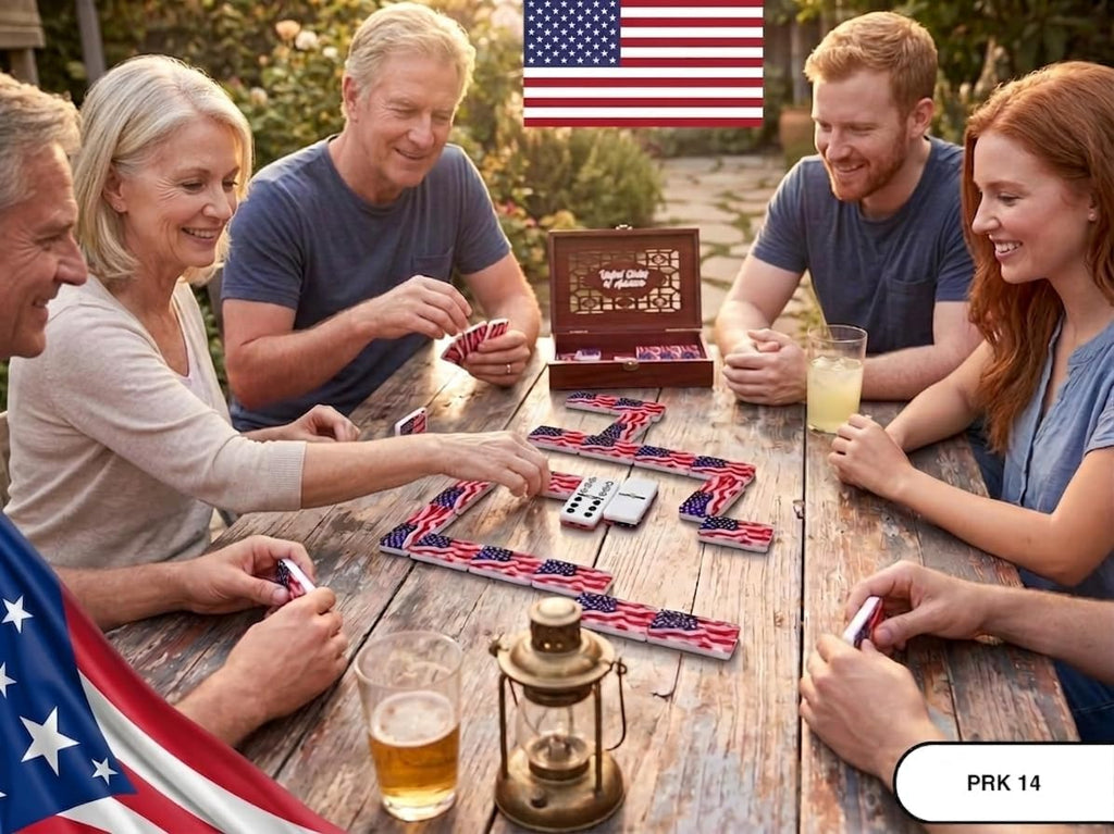 American flag Premium Edition USA Dominoes Set Deluxe - Double Six Domino Tiles with American Flag Design - Resin &