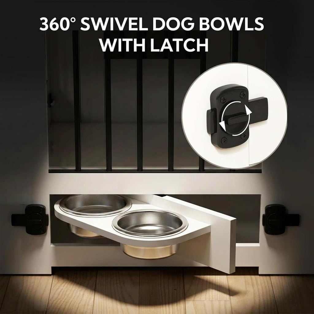 Wooden Flip-Up Door 360° Rotating Dog Bowl & Storage Drawer Furniture Style Dog Crate, White