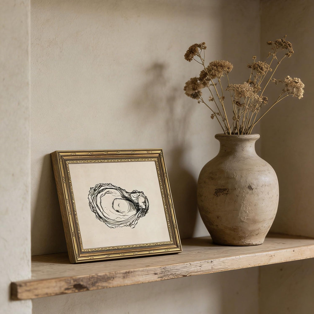 Gold Framed Wall Art Vintage Oyster Shell Sketch Wall Art Rustic Kitchen Cottagecore Seashell Wall Decor Picture
