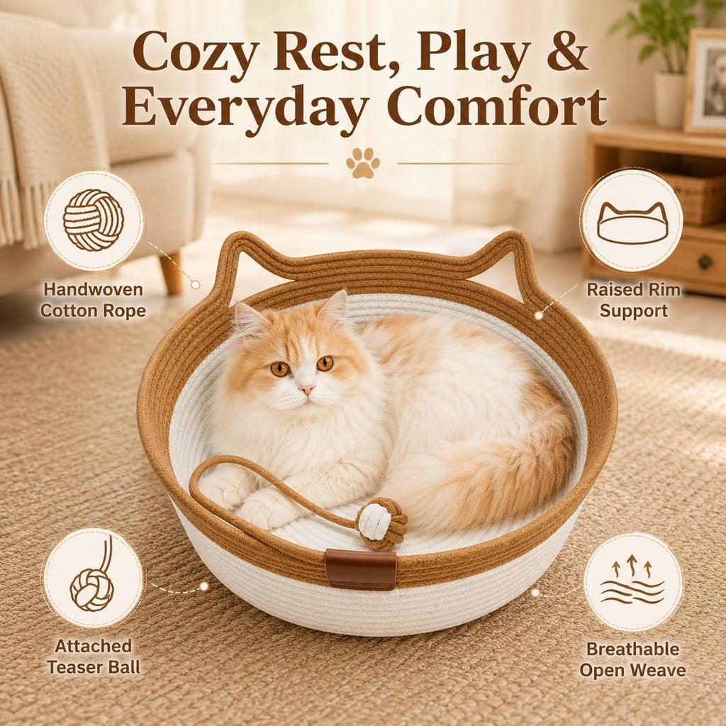 Instinct Basket for Cats, 40cm Handwoven Cat Basket Bed, Cotton Rope Cat Bed with Ear-Shaped Handles & Rope Ball