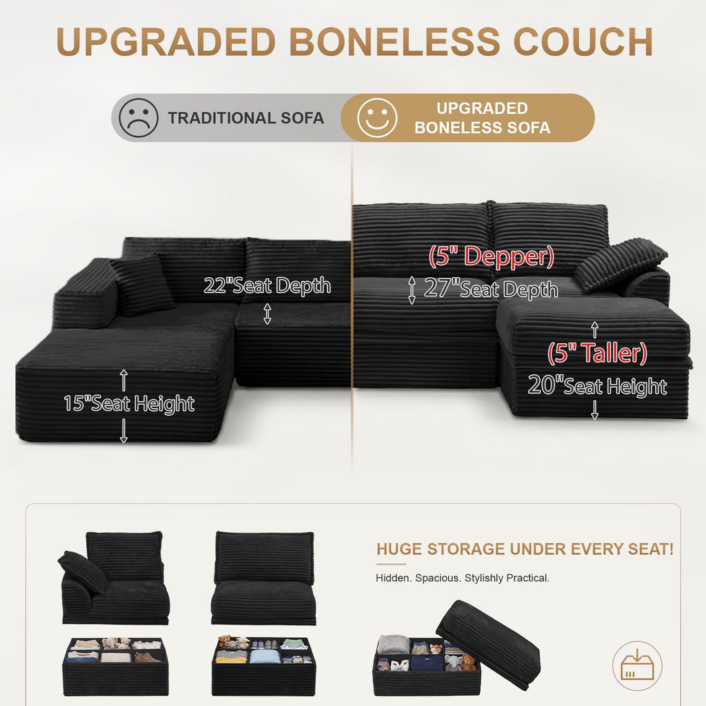 Upgraded Boneless Couch with Storage, Sectional Couches, L-Shaped Modular Cloud Corduroy Sofa with Ottoman &