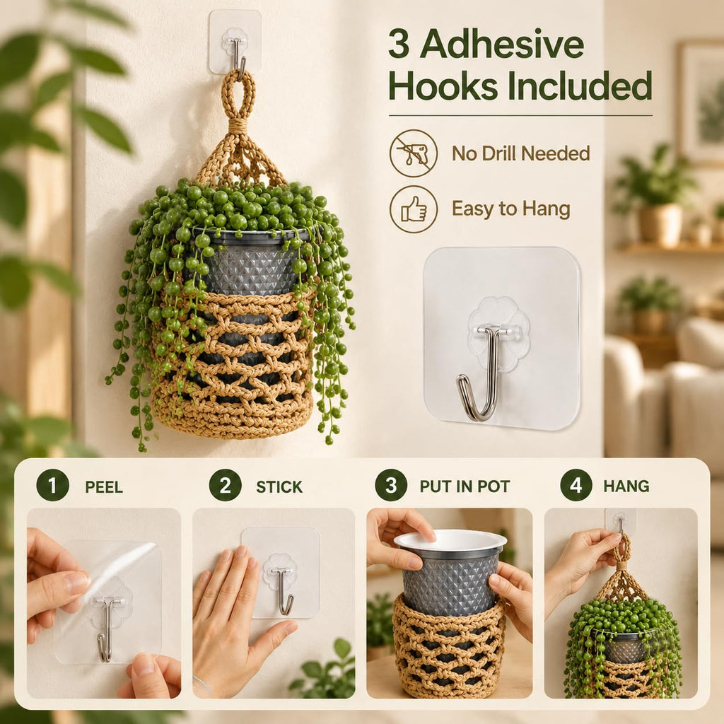 Hand‐Woven Macrame Wall Hanging Planters with Plant Pots, 3 Pack