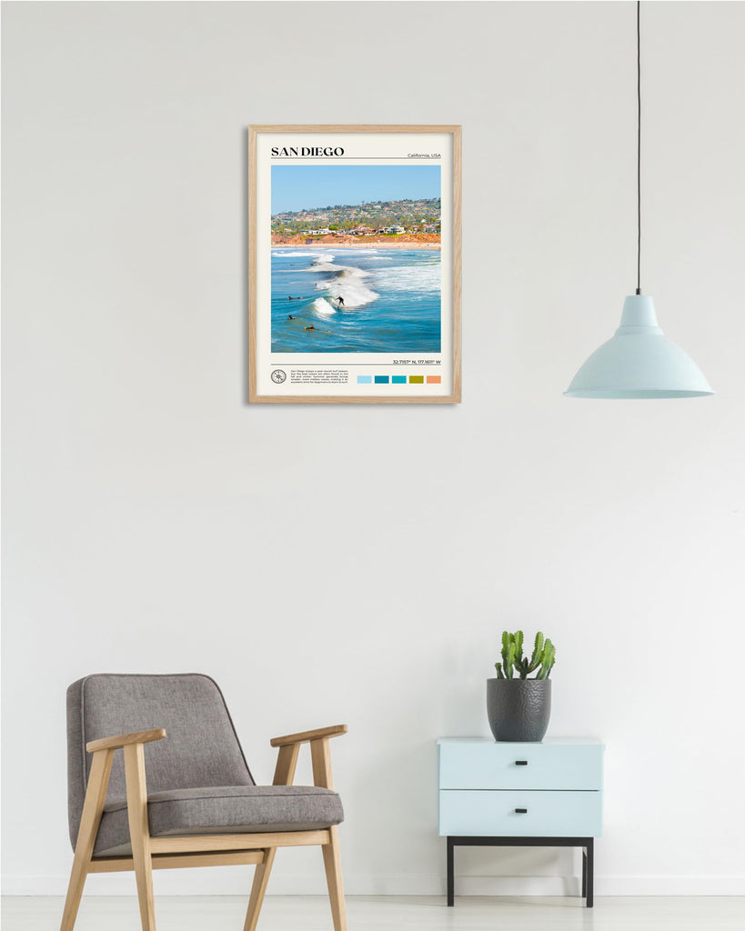 Natural OAK Wood San Diego Surfing Framed Wall Art, 12x16in Natural Seascape Canvas Wall Print, Classic Urban Landmark