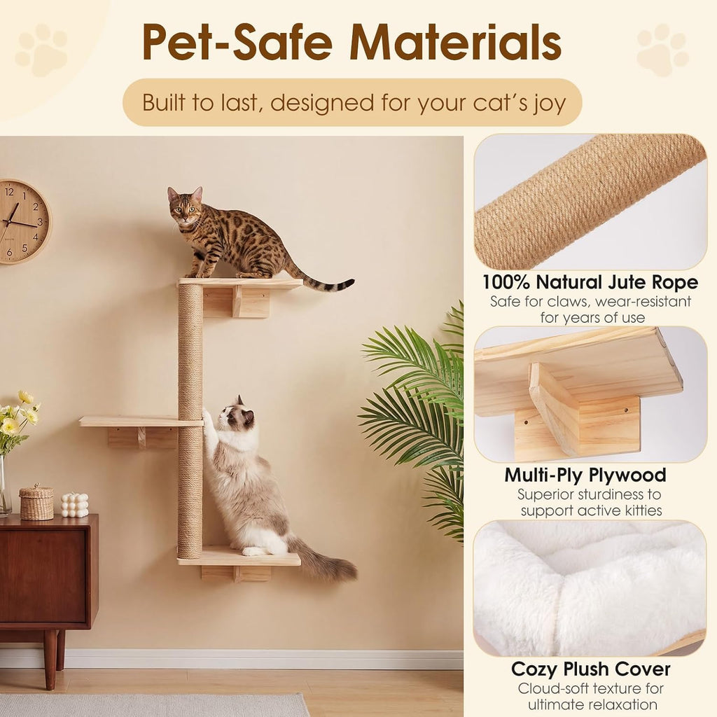 6-in-1 Cat Wall Shelves for Large Cats, Wall Mounted Climber with Hammock