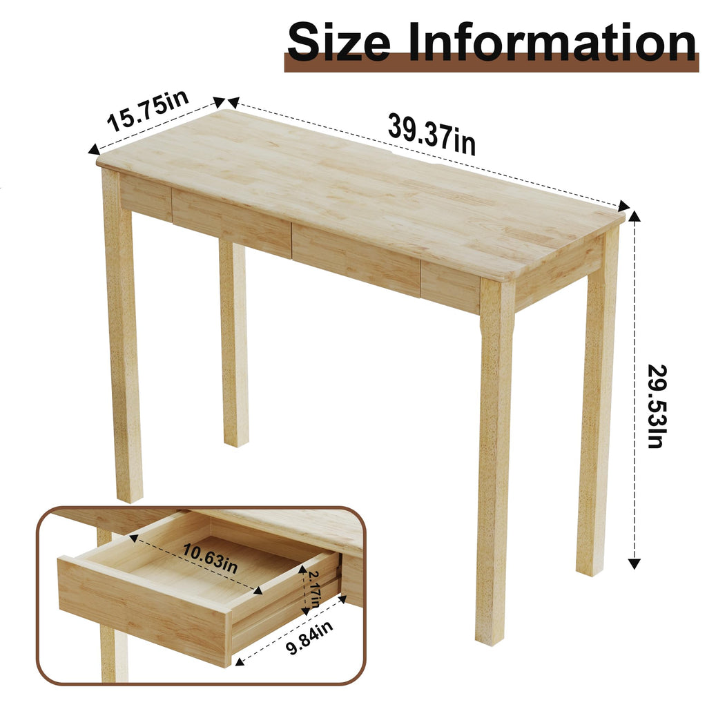 Solid Wood Desk with Drawers - 39 x 16 Inch Simple Narrow Desks, Rubber Wood Study Table, Small Writing Desk for