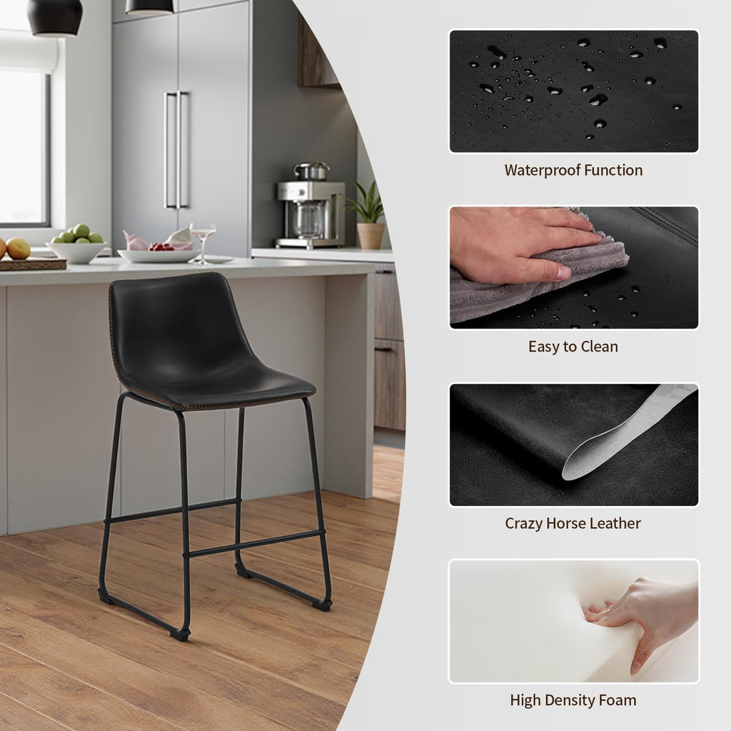 Counter Height Bar Stools Set of 2, 26 Inch Bar Stool with Back