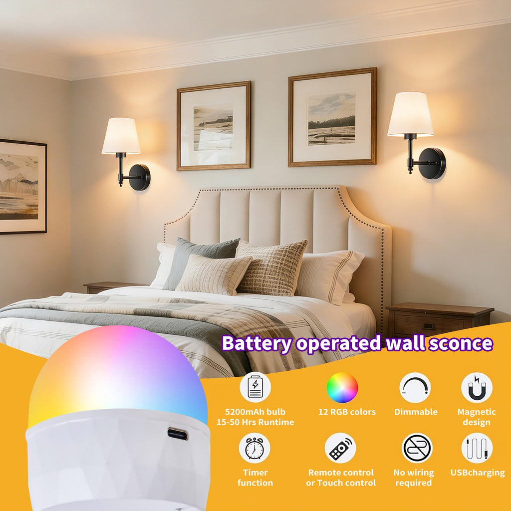 Battery Operated Wall Sconce Set of 2, Rechargeable Wireless Wall Lights