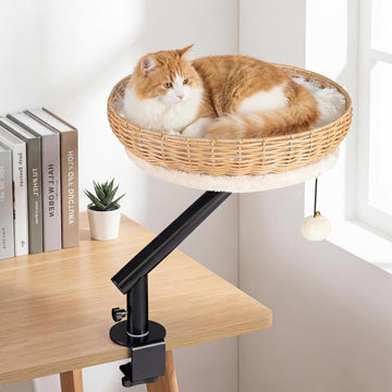 Cat Desk Bed, 360° Rotatable Rattan Desk Cat Bed Attachment with Removable Padded Cushion, Hanging Jingling Ball &