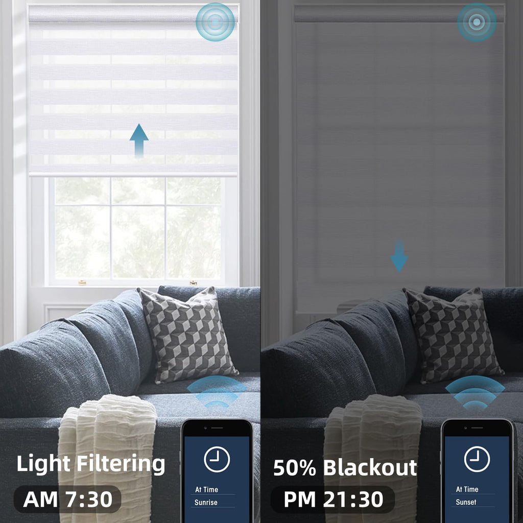 Customized Motorized Zebra Blinds, 60% Blackout White