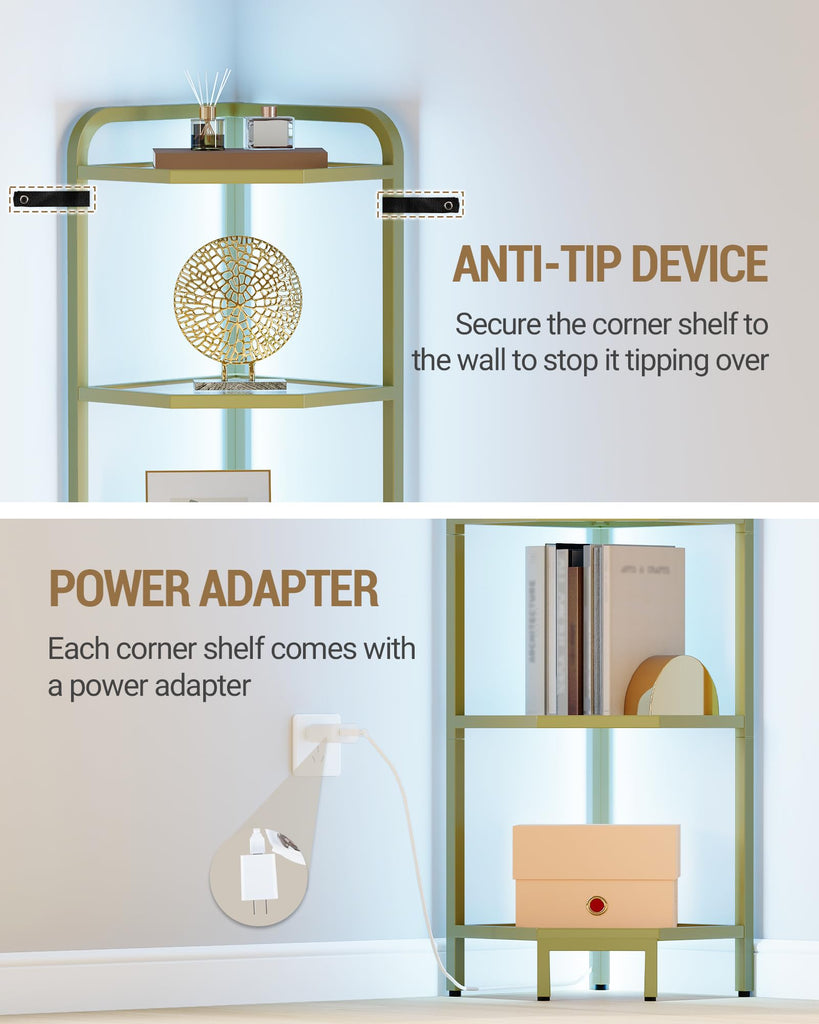 Corner Shelf with LED Lighting, 7-Tier Glass Bookshelf