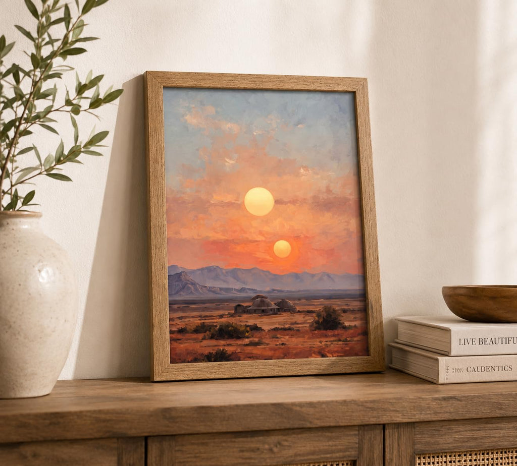 Framed Dual Sun Desert Sunset Western Landscape Canvas Wall Art
