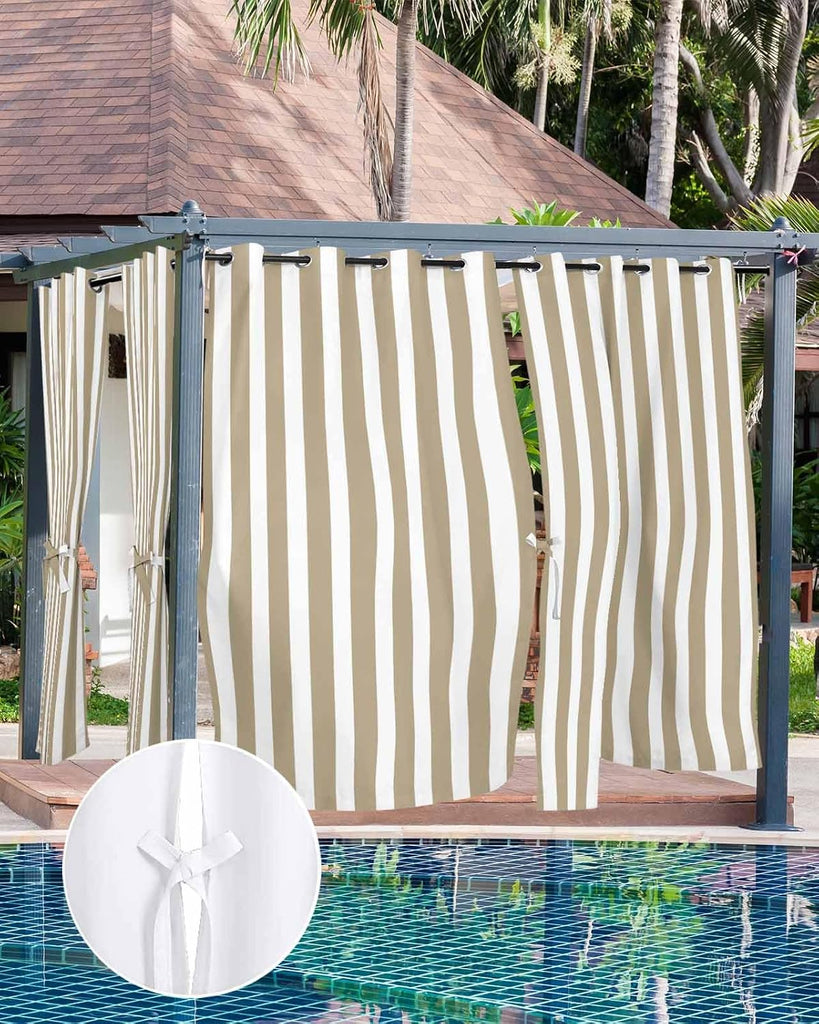 Outdoor Curtains Waterproof Khaki and White Indoor/Outdoor Curtain Tiebacks Farmhouse Stripe Privacy Curtain Sun