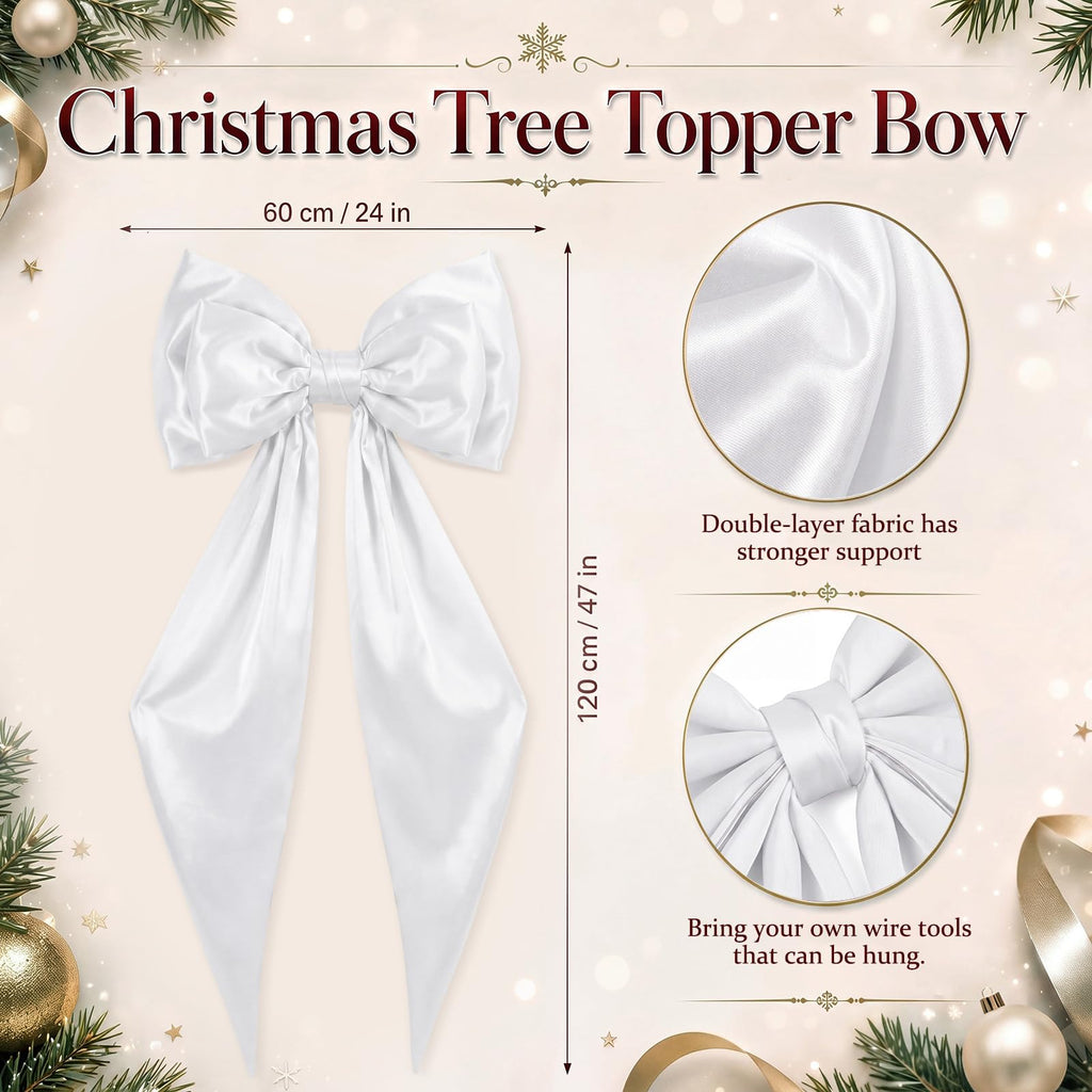 24 x 47 Inch Large Satin Bow Christmas Tree Topper, White
