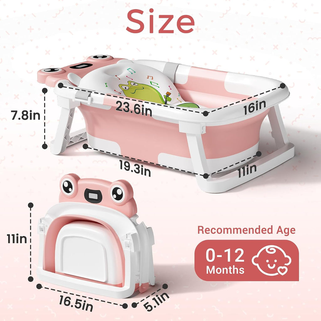 Baby Bathtub, Collapsible Newborn Bathtub for Infant to Toddler with Soft Cushion and Thermometer,Portable Travel