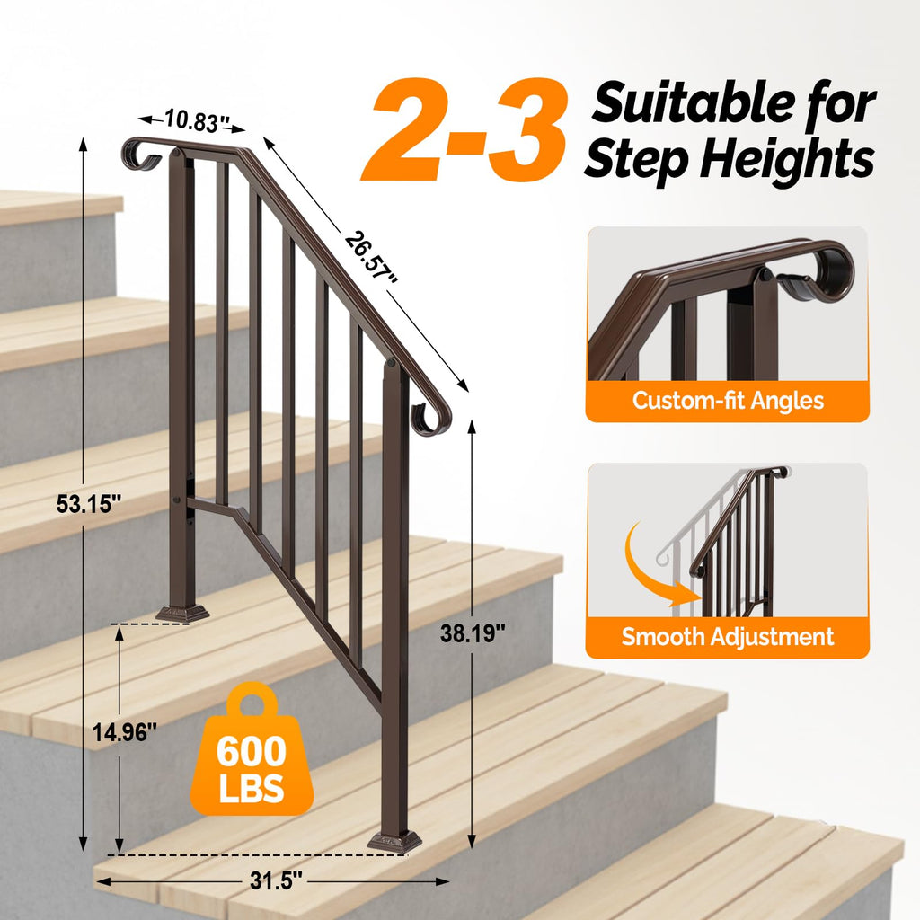 2 Pack Handrails for Outdoor Steps, Stair Handrail Kit Fits 1 to 5 Steps, Wrought Iron Hand Rail with Curved End &