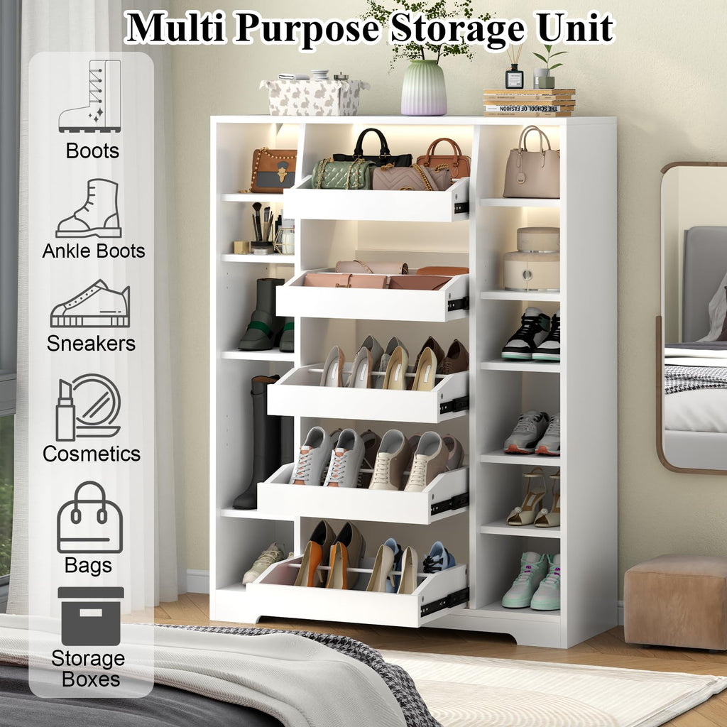 Shoe Storage Cabinet with 5 Storage Drawers, 12 Open Shelves and LED Light