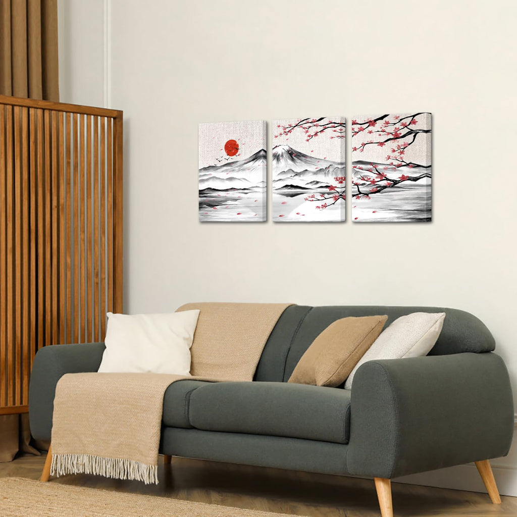 3 Pieces Japanese Cherry Blossom Mount Fuji Canvas Wall Art Black White Pink Floral Wash Painting Wall Decor Bedroom