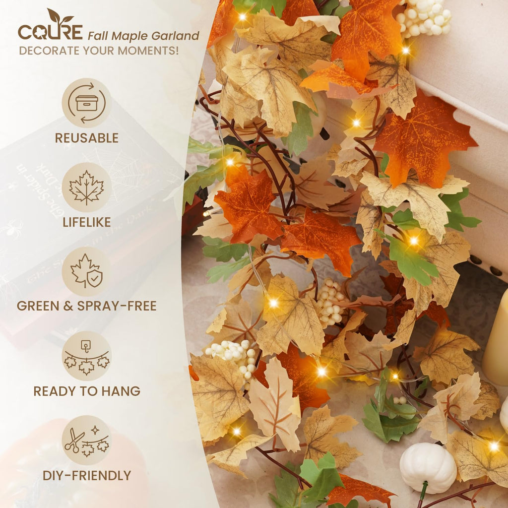8 Pack Fall Leaf Garland with Lights, Total 47.2Ft Artificial Fall Maple Leaves Autumn Vines Garland with LED Lights