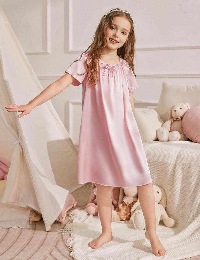 Girls Nightgowns Satin Pajama Dress Short Sleeve Sleepwear