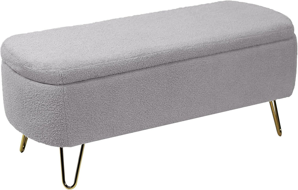 Ottoman with Storage, Small Boucle Storage Ottoman Bench,Upholstered Entryway End of Bed Bench with Cushion and Gold