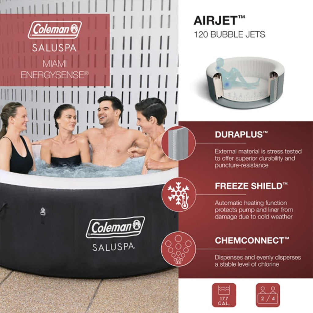 Miami AirJet Inflatable Hot Tub with EnergySense Cover Bundled with 2 SaluSpa Underwater Non-Slip Spa Seat with