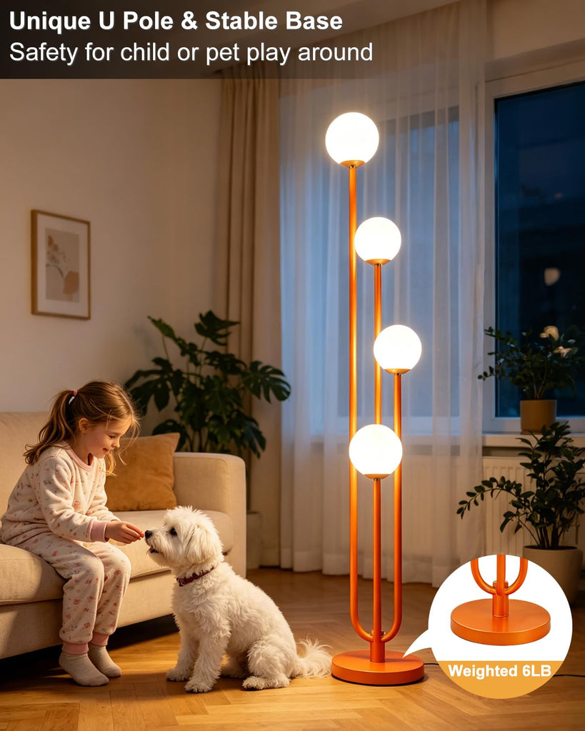 4-Globe Dimmable Orange Floor Lamp, 63IN Standing Tall Lamps with 3000K Bulbs for Reading, Mid Century Modern Floor