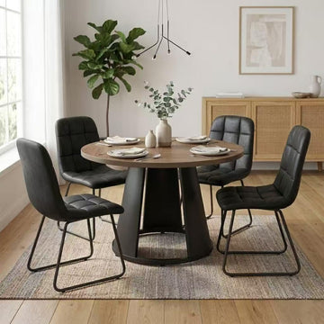 47.2" Round Dining Table Set for 4, Modern Wood Table with 4 Upholstered Leather Chairs, Metal Pedestal Base