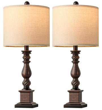 24" Traditional Table Lamp Set of 2, Vintage Bedside Lamps for Nightstand, Dark Bronze Resin Lamp Living Room Office