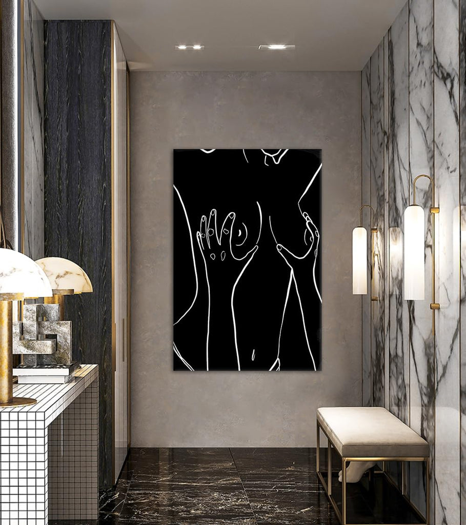 Erotic Woman Body Canvas Wall Art - Black White Sexy Girl Figure Line Art Print Modern Abstract Erotic Mature Artwork