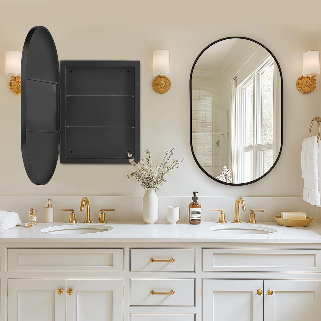 Medicine Cabinet with Mirror, 21x34 Oval Mirror Cabinet, Wall Mount Recess Bathroom Vanity Mirror with Storage with 2