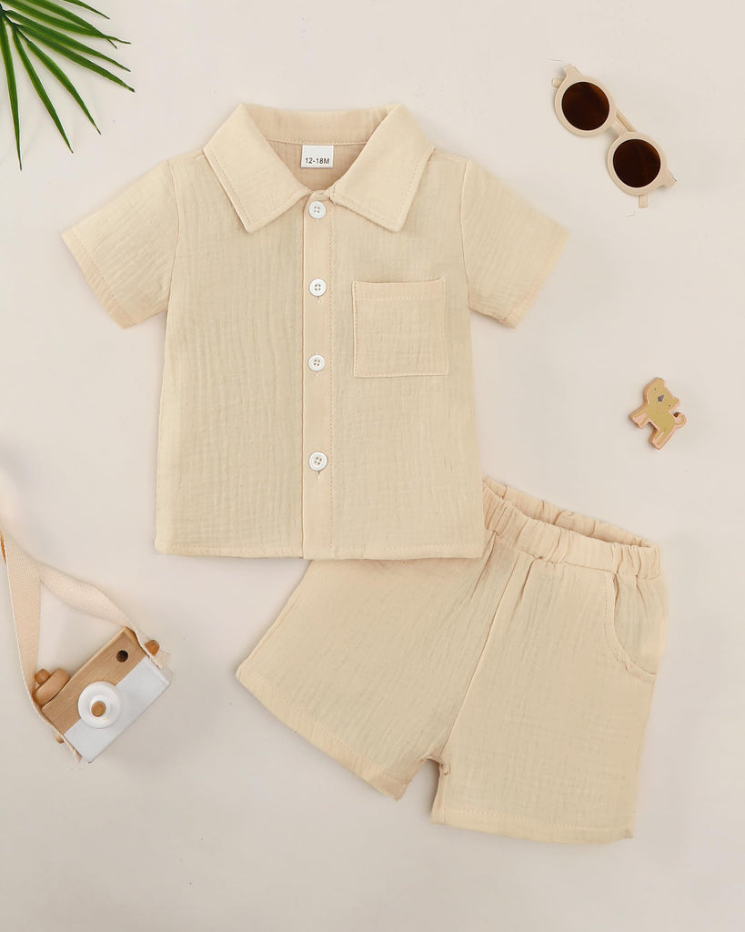 Toddler Boy Outfit - Beige Cotton Linen Button Up Shirt and Shorts Set, Boys Outfits Soft Lightweight