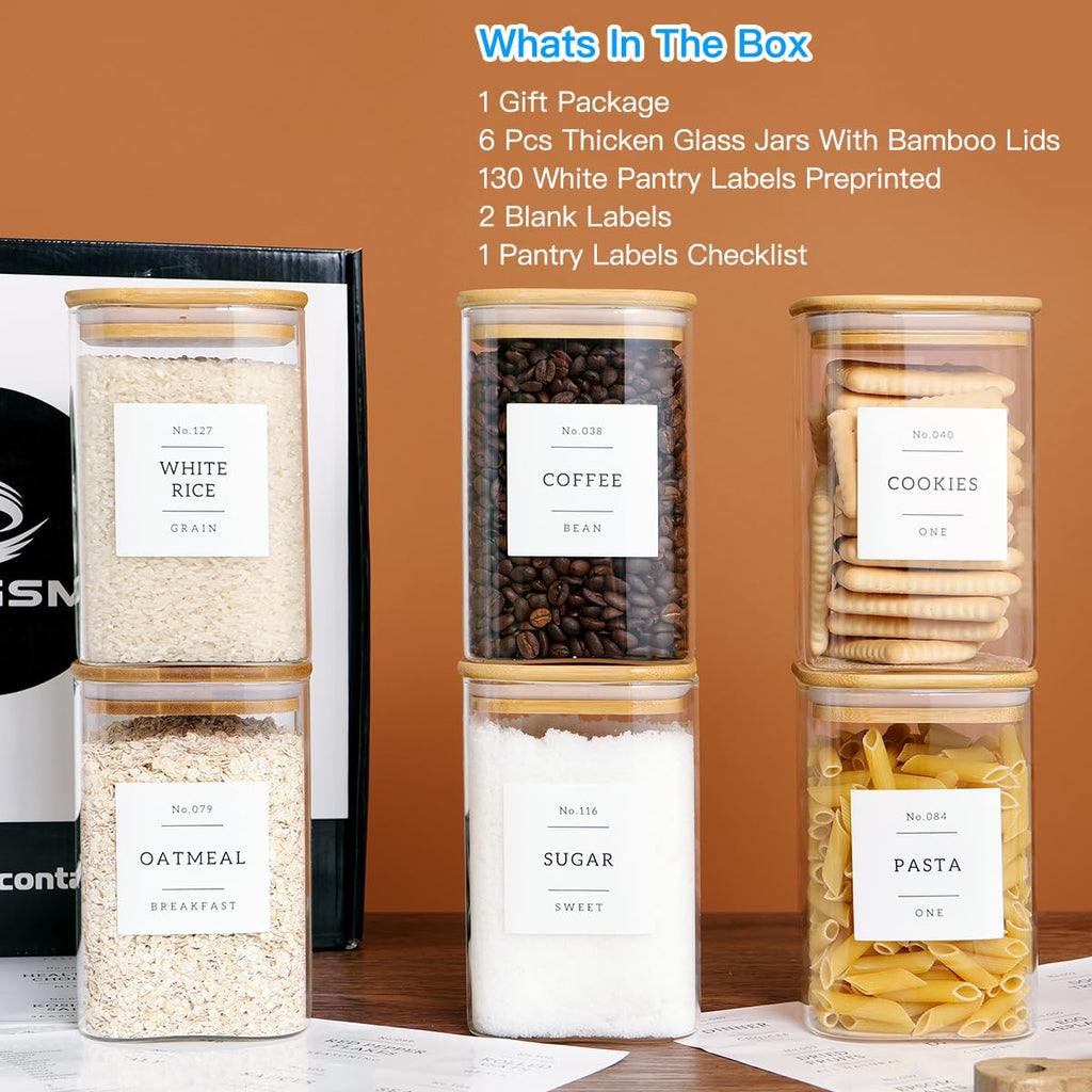 6 Pack Square Kitchen Storage Jars with Airtight Bamboo Lids and 132 Pantry Labels - 35oz Glass Canisters With Wood